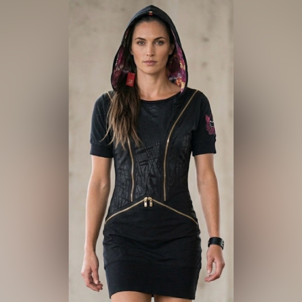 Vintage Y2K Apple Bottoms Hooded Mini Dress Black Gold Zip size M mob wife